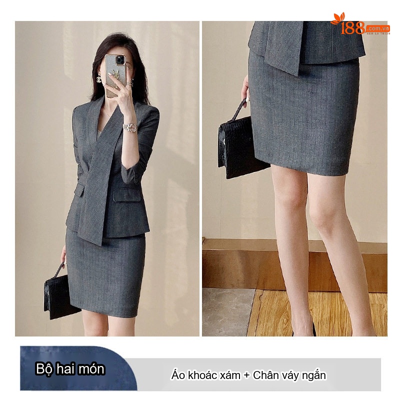 Bộ Vest Công Sở Nữ Áo Blazer Quần Dài/Chân Váy Chữ A Màu Xám, Đen