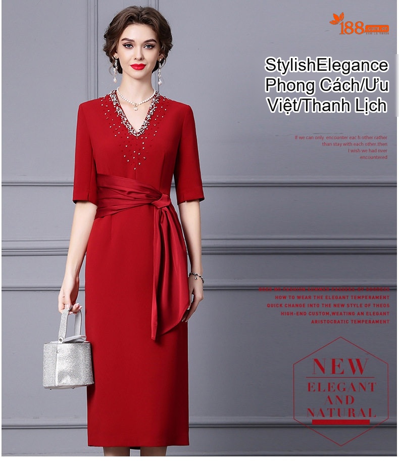 Đầm Dự Tiệc Nữ Đính Hạt Cổ chữ V Thu Đông Dáng Dài Ôm Eo Màu Đỏ Rượu chi tiết 18