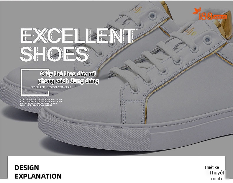 Giày Sneaker Nam Da Bóng Chiều Cao Đế Khoảng 3cm Màu Trắng, Đen chi tiết 6