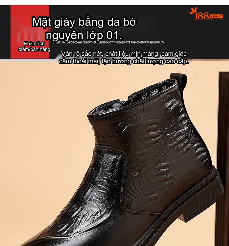 Boot Nam Da Bò Lót Lông Cừu Giữ Ấm Mùa Đông Chiều Cao Đế Khoảng 3cm Màu Đen, Nâu chi tiết 4