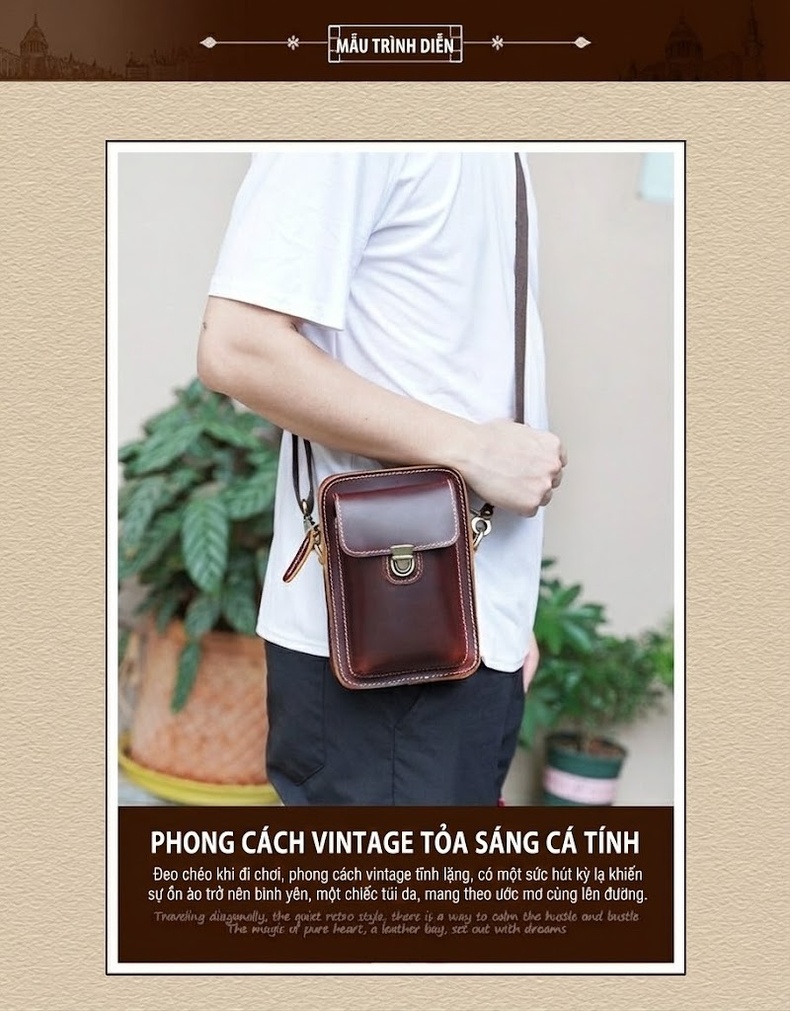 Túi Đeo Chéo Mini Nam Nữ Da Bò Retro Đa Năng chi tiết 2
