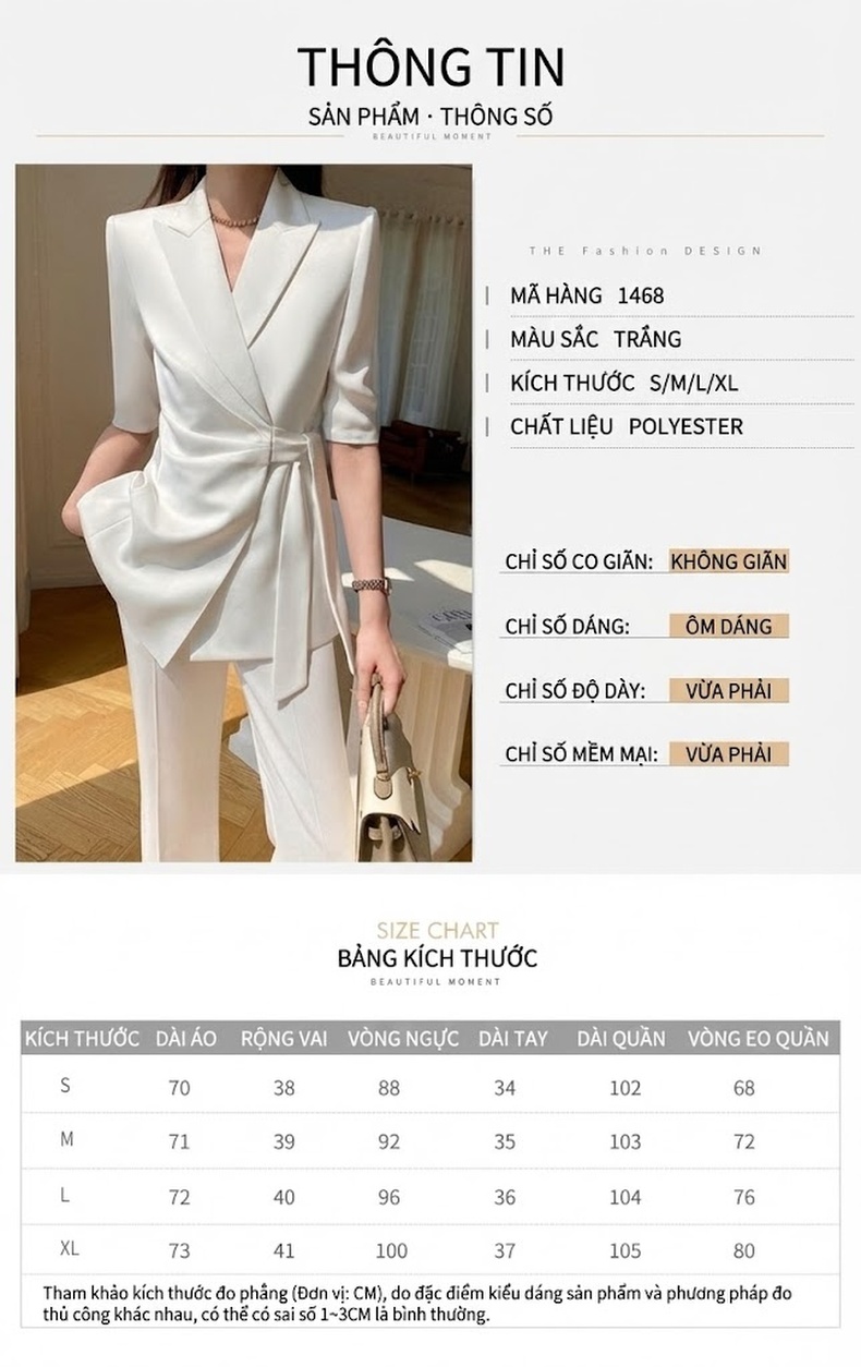 Bộ Vest Nữ Mùa Hè Mỏng Nhẹ Thắt Đai Phong Cách Tiểu Thư Màu Trắng chi tiết 1