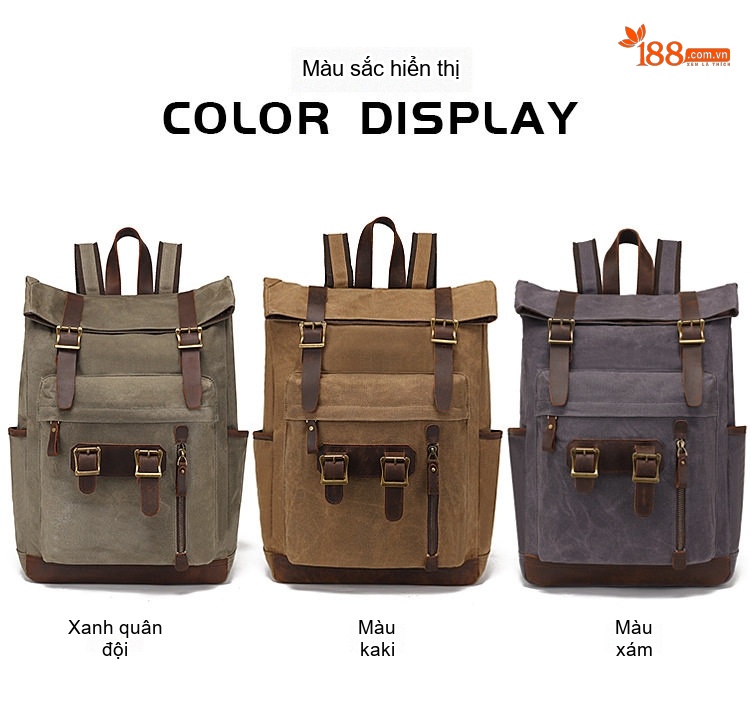 Balo Du Lịch Laptop Sinh Viên Vải Canvas Dầu Sáp Chống Thấm Nước Phong Cách Retro Màu Xám, Nâu, Đen chi tiết 11