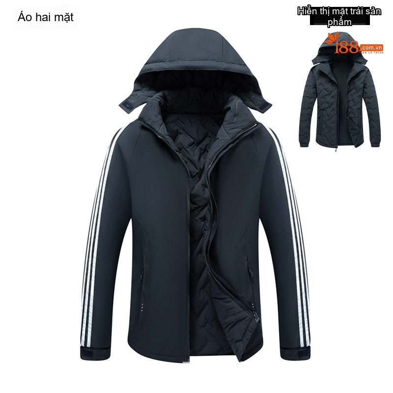 Áo Khoác Nam 2 Mặt Cotton Có Mũ Tháo Rời, Size Lớn Màu Đen, Xám