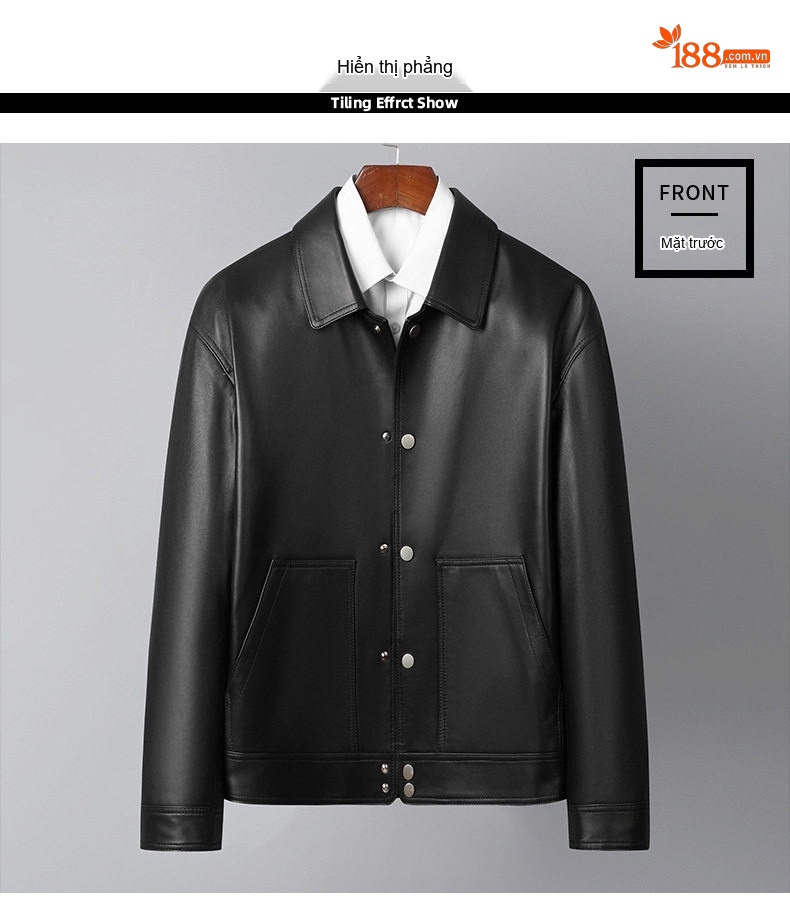 Áo Khoác Da Cừu Nam Cổ Bẻ Kiểu Bomber Màu Đen chi tiết 11