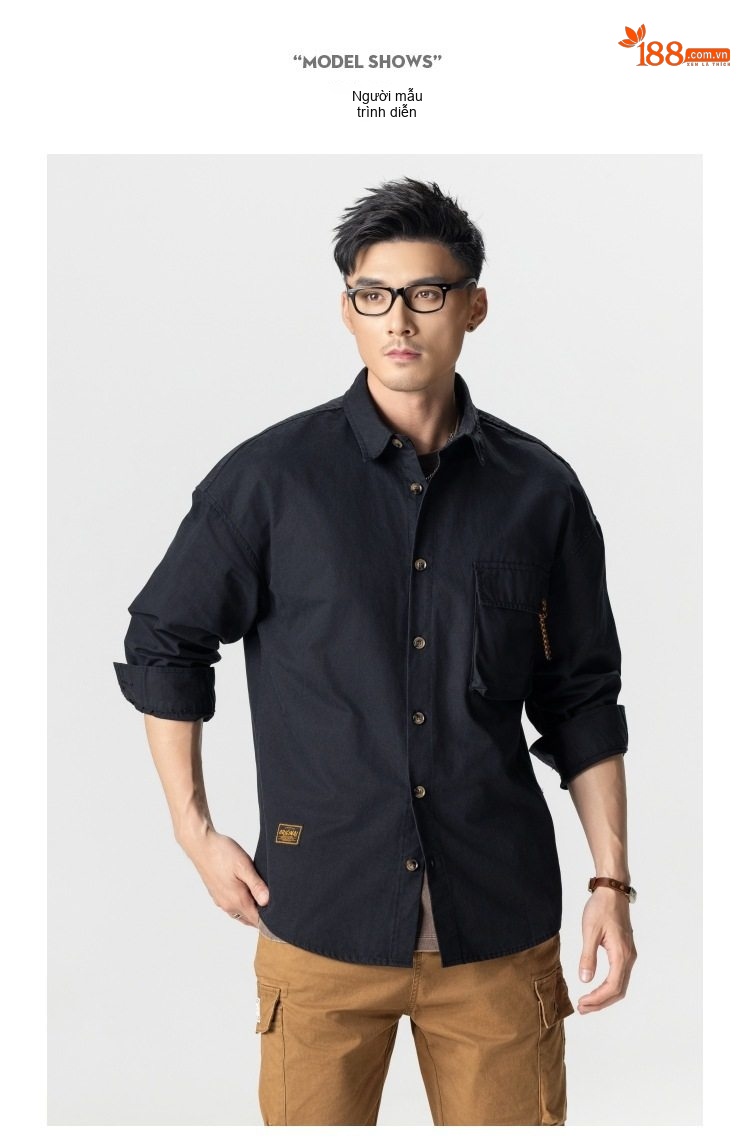 Áo Sơ Mi Nam Cotton Dáng Rộng Phong Cách Retro Màu Xanh Rêu, Nâu, Đen chi tiết 5