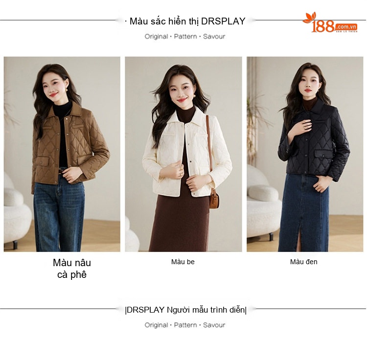 Áo Khoác Cotton Chần Bông Dáng Ngắn Cổ Bẻ Phong Cách Tiểu Thư Màu Nâu, Trắng, Đen chi tiết 1