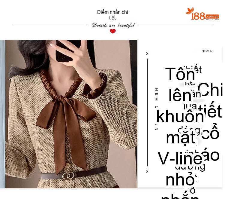 Váy Liền Thân Tiểu Thư Cổ Nơ Phong Cách Pháp Chân Váy Xòe Dáng Ngắn Màu Be chi tiết 7