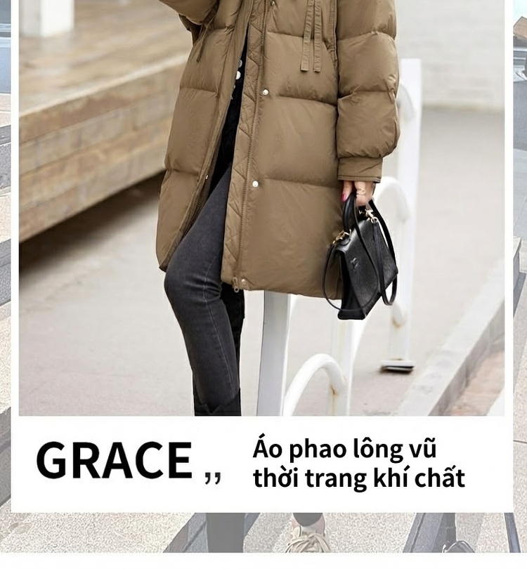 Áo Phao Nữ Dáng Dài Vừa 2023 Kiểu Hàn Quốc Form Rộng Nhỏ Nhắn, Dày Dặn Màu Trắng, Nâu, Đen chi tiết 3