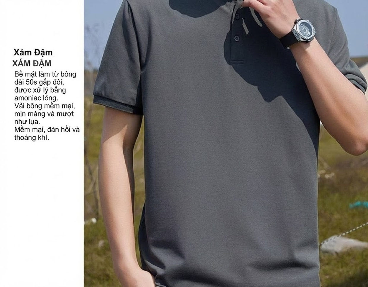 Áo Polo Nam Tay Ngắn Cotton Pima, Vải Mesh Thoáng Khí Màu Đen, Xám chi tiết 16