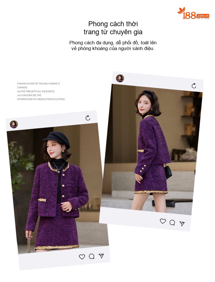 Set Áo Khoác Lửng Chân Váy Ngắn Tiểu Thư Phong Cách Tiểu Hương Thời Trang Thu Đông Màu Đen, Tím chi tiết 8