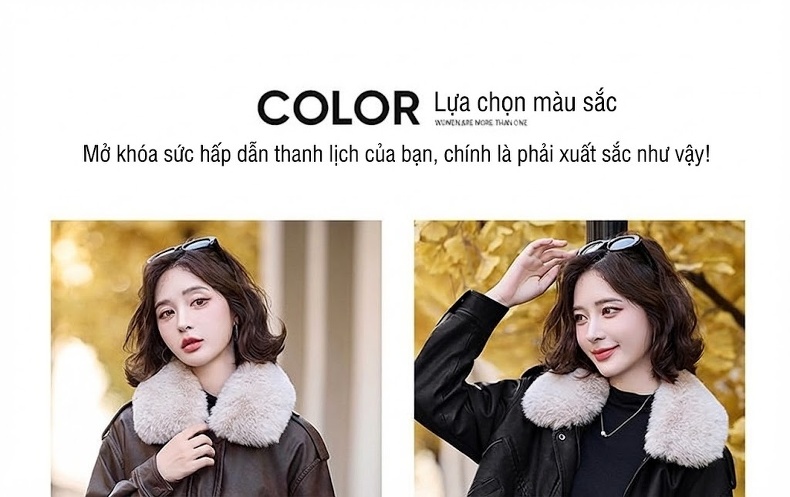 Áo Khoác Da PU Nữ Lót Lông Dày Dặn Cổ Lông Kiểu Motor Màu Đen, Nâu chi tiết 10