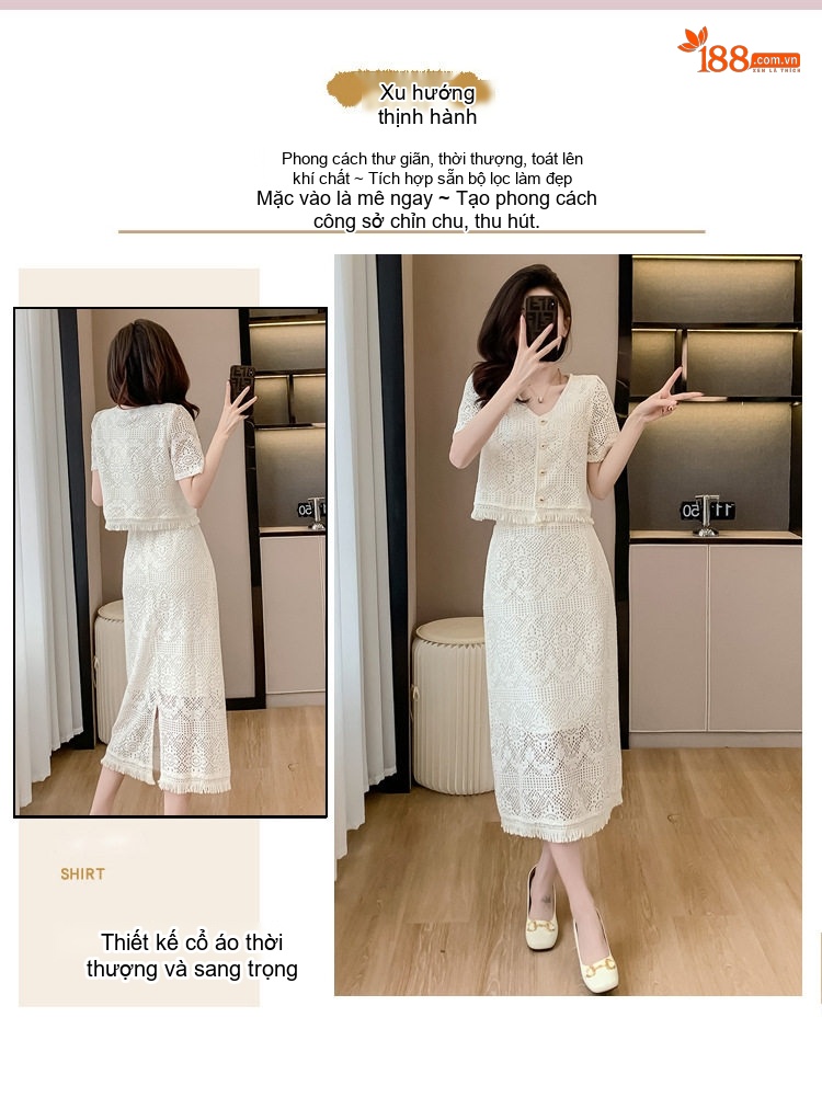 Set Bộ Áo Ren Cộc Tay Và Chân Váy Dáng Dài Đi Biển Phong Cách Pháp Màu Trắng chi tiết 2