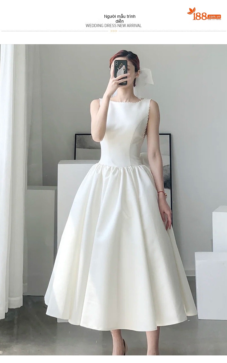 Váy Cưới Ngắn Satin Dự Tiệc Tùng Tốt Nghiệp Du Lịch Phong Cách Nữ Tính Màu Trắng chi tiết 5