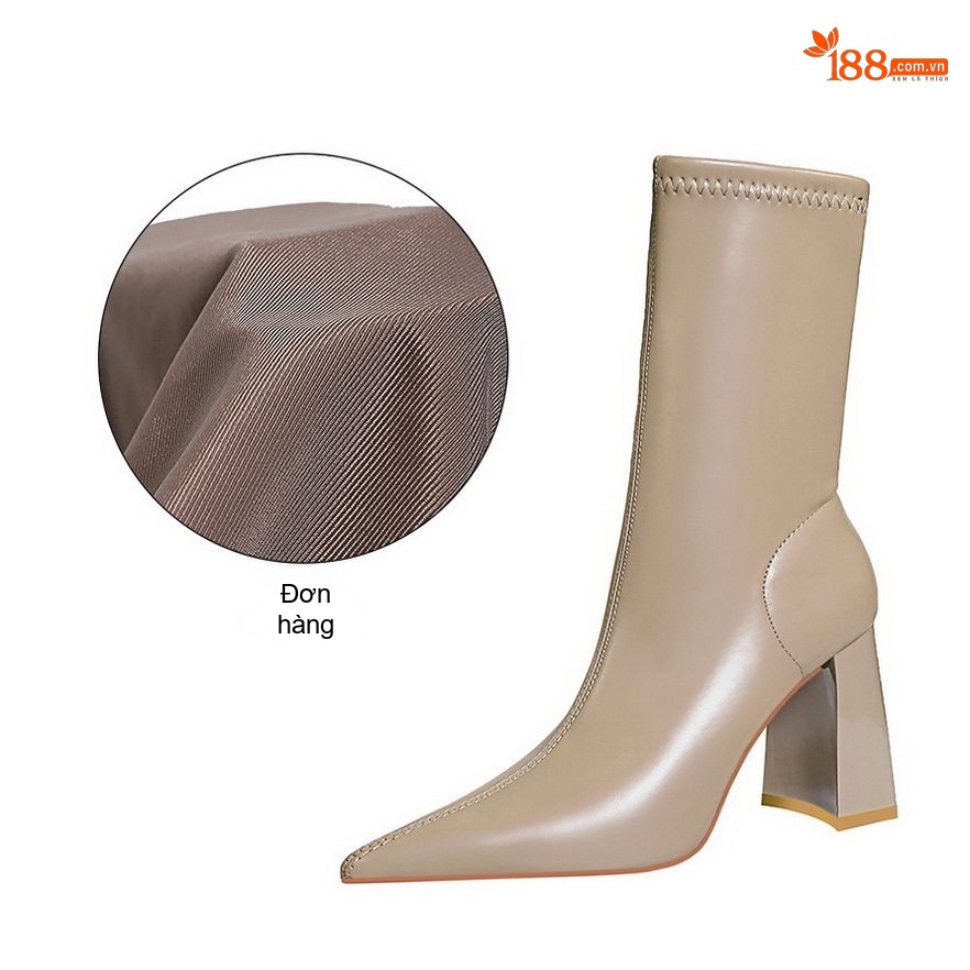 Boot Nữ Cổ Ngắn Gót Vuông Da Bóng Mũi Nhọn Chiều Cao Đế Khoảng 8cm Màu Đen, Nâu, Kem