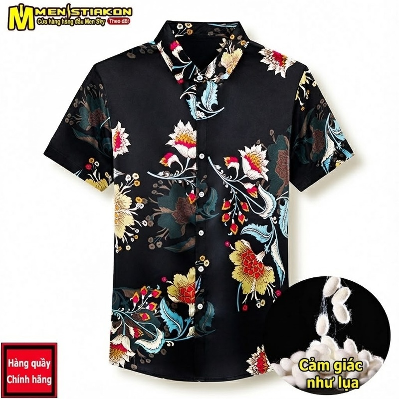 Áo Sơ Mi Nam Tay Ngắn Lụa Mỏng Họa Tiết Hoa Lớn Phong Cách Thời Trang Màu Đen