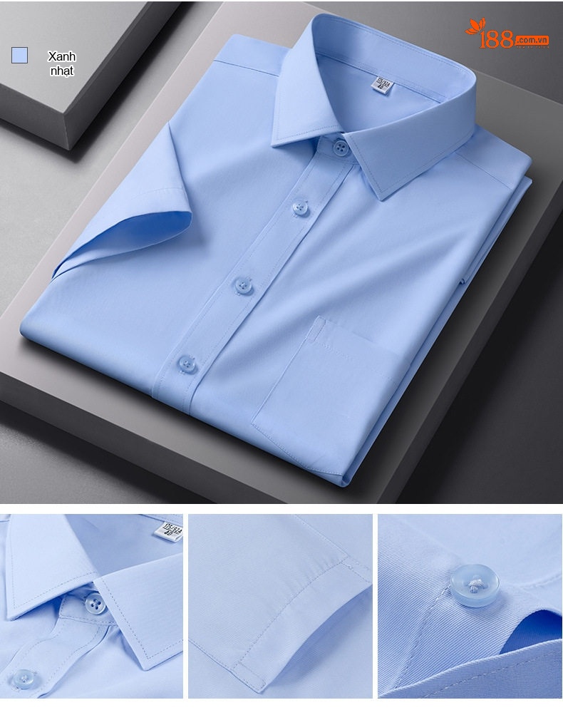 Áo Sơ Mi Nam Cotton Ngắn Tay Dáng Ôm Chống Nhăn Màu Trắng, Xanh Dương, Tím, Xám... chi tiết 18