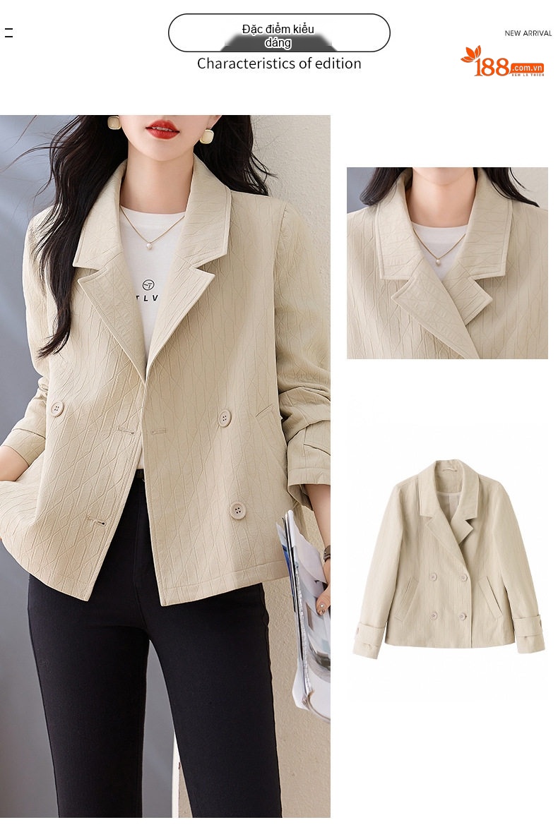 Áo Khoác Blazer Nữ Kiểu Hàn Quốc Dáng Ngắn Vải Gân Tăm Màu Be chi tiết 3