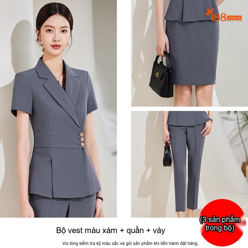 Bộ Vest Công Sở Nữ Tay Ngắn Màu Xanh Navy, Xám, Kem