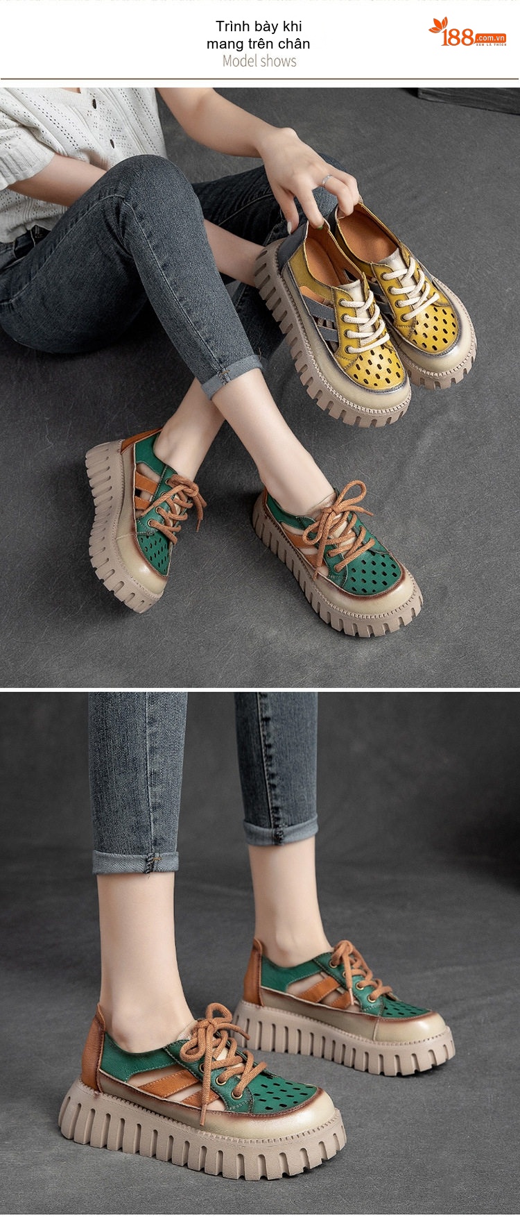 Dép Sandal Nữ Da Bò Quai Dây Đế Bánh Mì Đế Cao 4cm - 5cm Màu Vàng, Xanh, Nâu chi tiết 7
