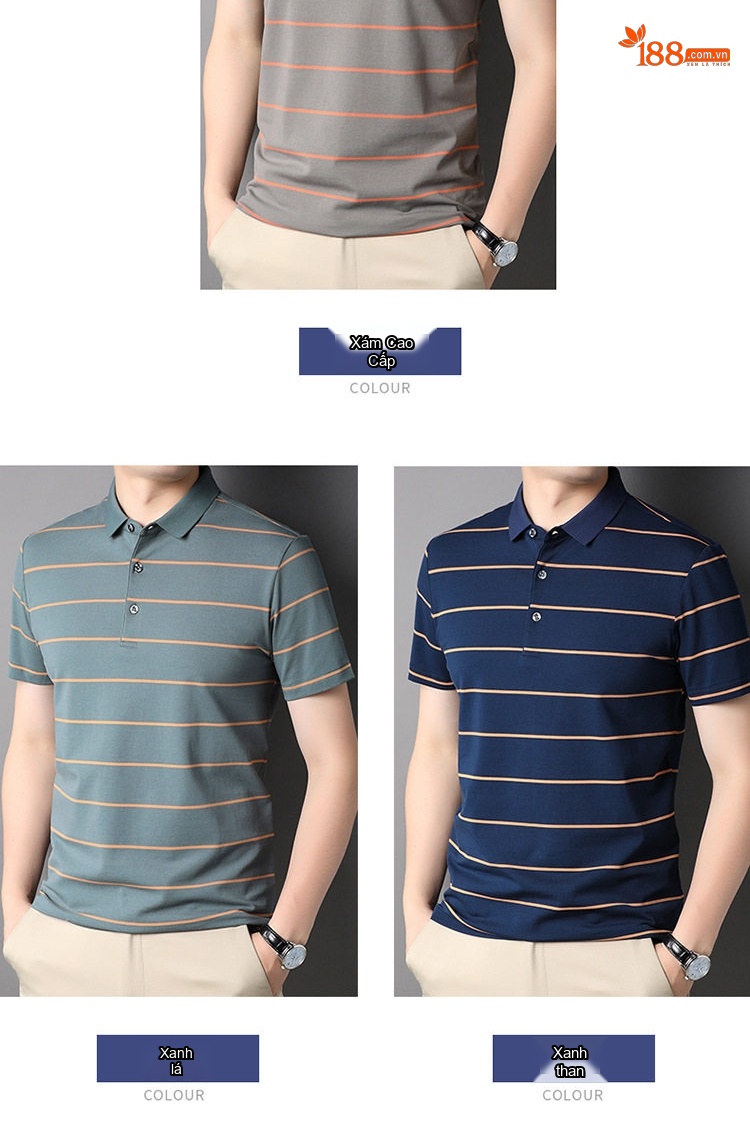 Áo Thun Polo Nam Cotton Kẻ Sọc Cổ Bẻ Chống Nhăn Màu Xám, Xanh, Navy chi tiết 6