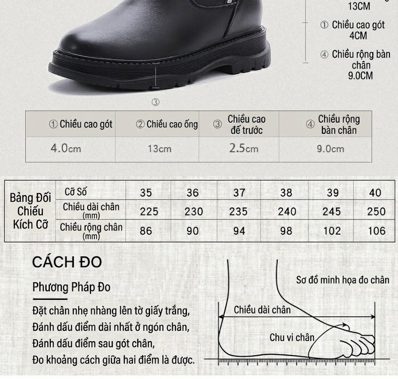 Boot Nữ Da Bóng Lót Lông Cừu Giữ Ấm Mùa Đông Chiều Cao Đế Khoảng 4cm Màu Đen chi tiết 4