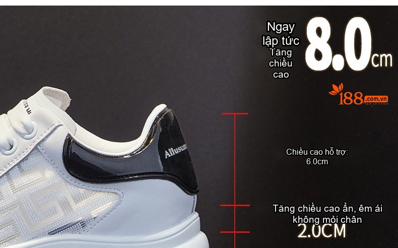 Giày Thể Thao Nữ Đế Cao Khoảng 5cm Kiểu Dáng Sneaker Màu Trắng, Đen, Vàng chi tiết 6