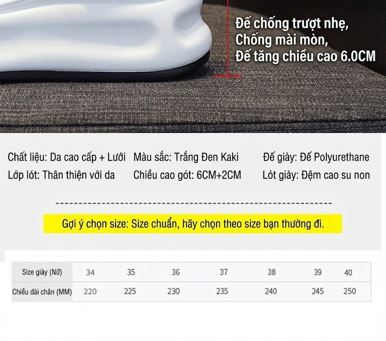 Giày Thể Thao Nữ Đế Cao Khoảng 5cm Kiểu Dáng Sneaker Màu Trắng, Đen, Vàng chi tiết 7