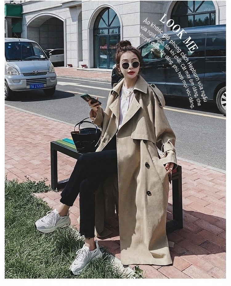 Áo Khoác Trench Coat Nữ Dáng Dài Phong Cách Hàn Quốc Màu Be chi tiết 4