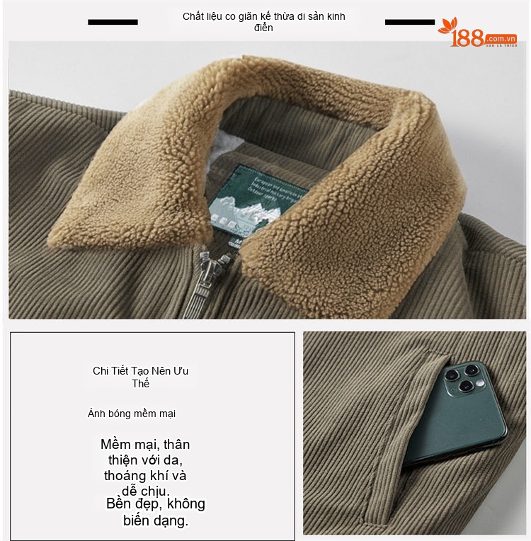 Áo Khoác Cotton Nam Lót Lông Cổ Lông Cừu Form Rộng Màu Nâu, Đen, Xám chi tiết 2