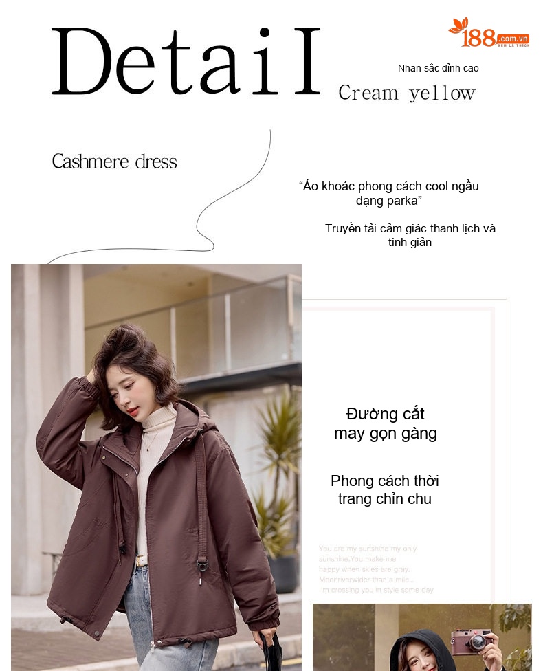 Áo Khoác Parka Nữ Lót Lông Dày Dặn Dáng Ngắn Giữ Ấm Màu Nâu, Đen chi tiết 7
