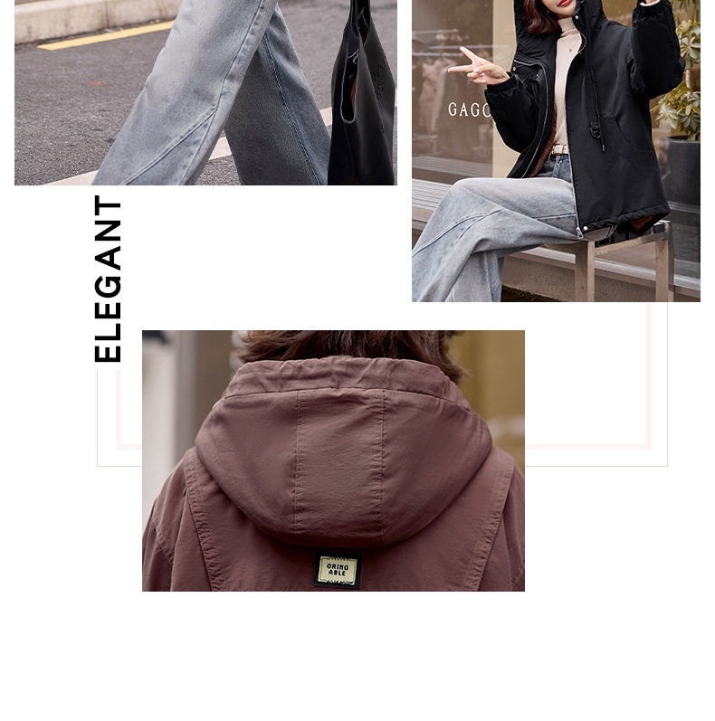 Áo Khoác Parka Nữ Lót Lông Dày Dặn Dáng Ngắn Giữ Ấm Màu Nâu, Đen chi tiết 8
