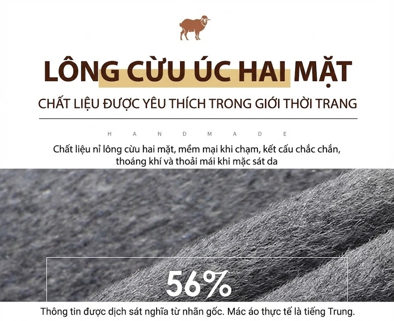 Áo Khoác Dạ Nam Hai Mặt Lông Cừu Dáng Vest Trung Niên Màu Nâu, Đen, Xám chi tiết 2