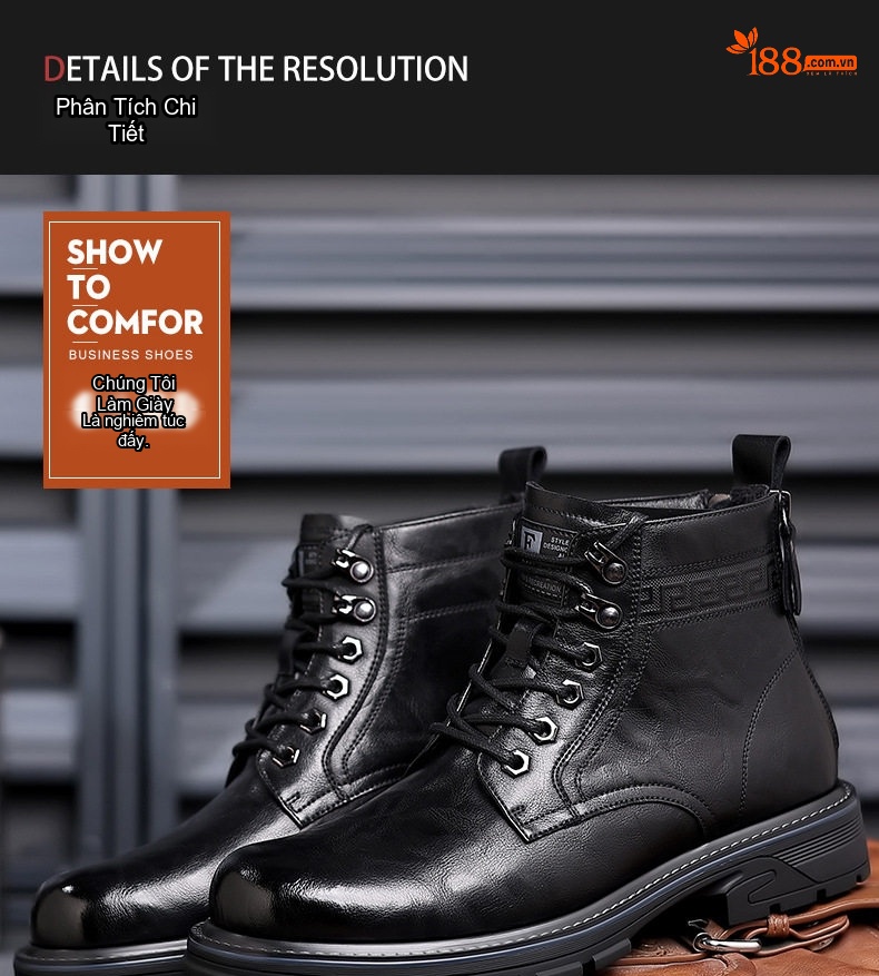 Boot Martin Nam Cao Cổ Da Bóng Chiều Cao Đế Khoảng 3cm Màu Đen, Nâu chi tiết 10