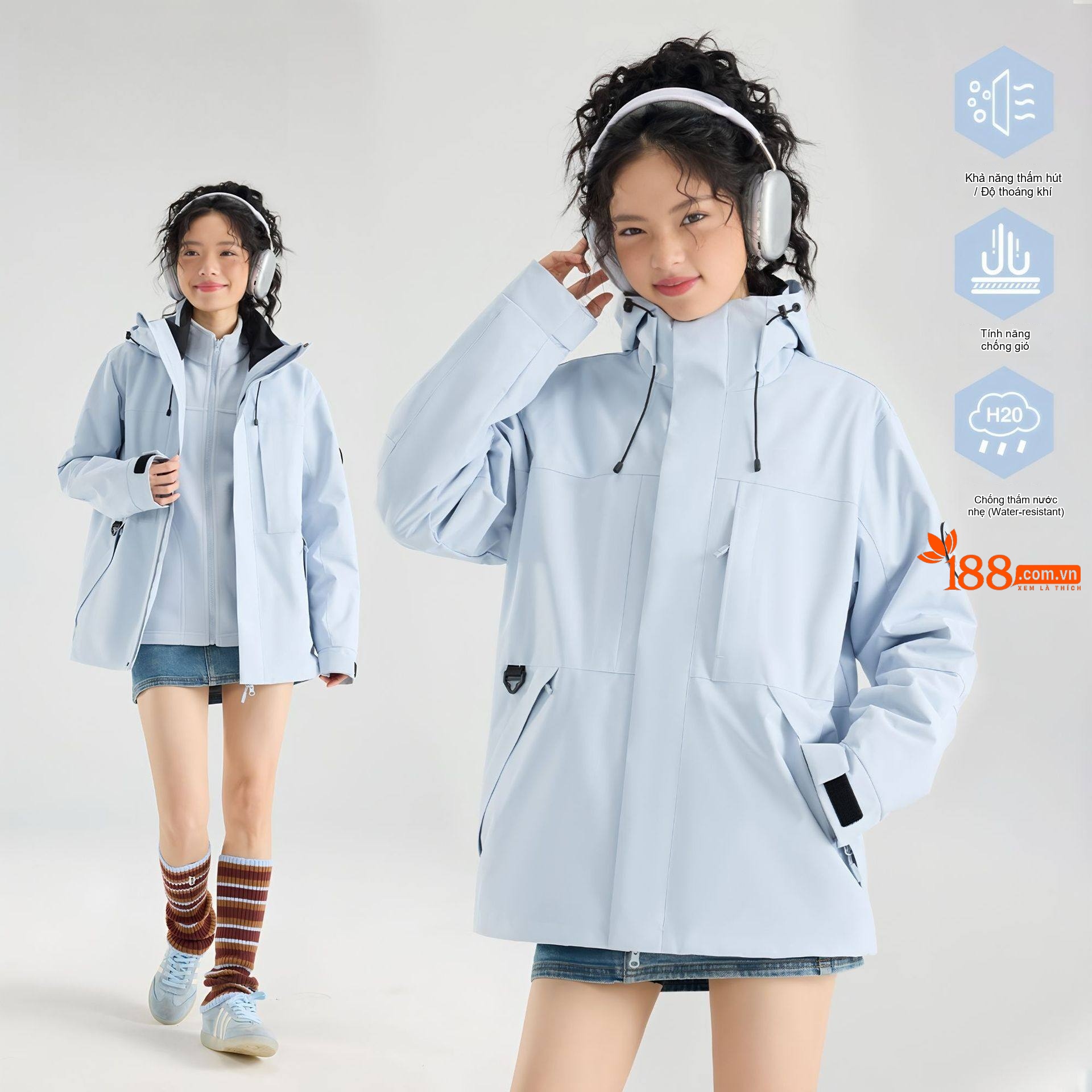 Áo Khoác Gió Nữ, Nam Ba Lớp Chống Thấm Nước Giữ Ấm Phong Cách Thể Thao Màu Vàng, Xanh Dương, Xanh Nhạt