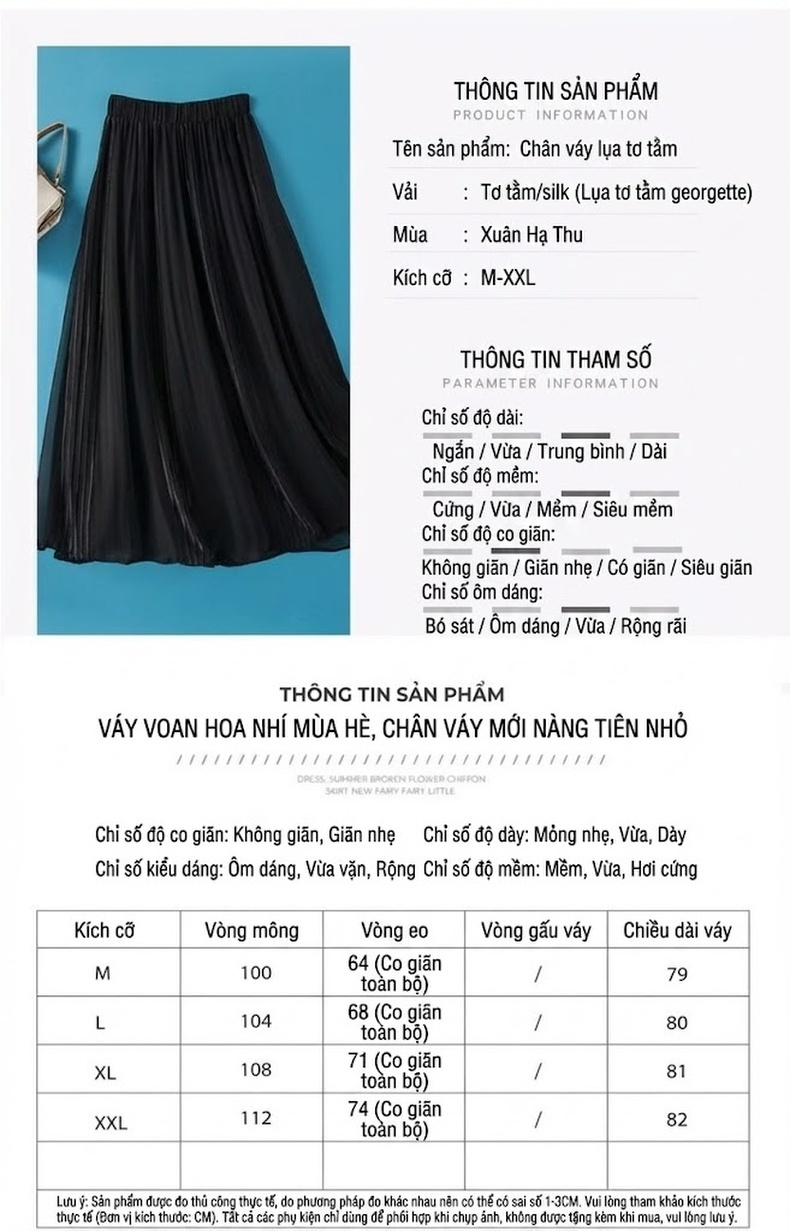 Chân Váy Lụa Tơ Tằm Thêu Tay Eo Chun Dáng Dài Xòe Màu Đen, Trắng chi tiết 5