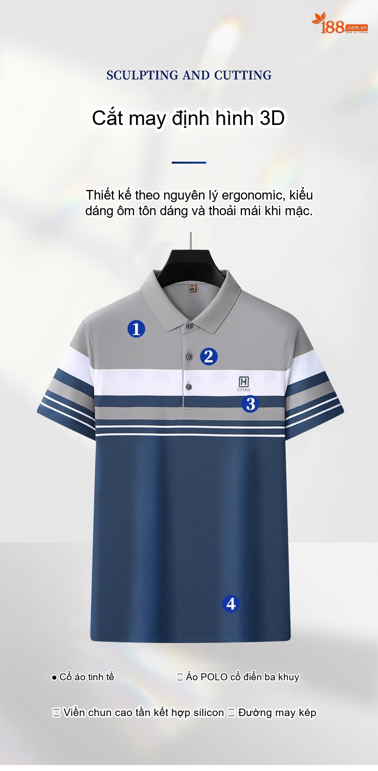 Áo Polo Nam Cotton Họa Tiết Sọc Ngang Tay Ngắn Không Nhăn Màu Xám, Xanh, Nâu, Trắng... chi tiết 10