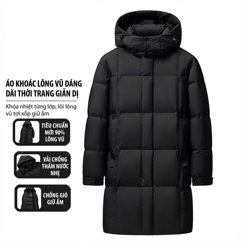 Áo Khoác Phao Nam Dáng Dài Có Mũ Trùm Đầu 90% Lông Vịt Trắng Dày Dặn Giữ Ấm Màu Đen, Kem