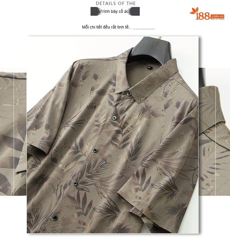 Áo Sơ Mi Nam Tay Ngắn Ice Silk Họa Tiết Lá Cây Form Rộng Màu Xám chi tiết 14