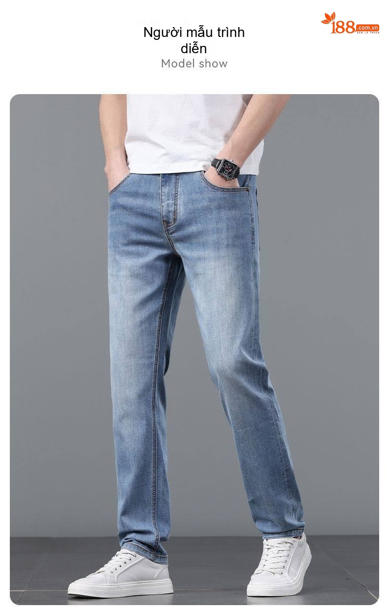 Quần Jean Nam Ống Đứng Co Giãn Lyocell Tencel Màu Xanh Dương chi tiết 7