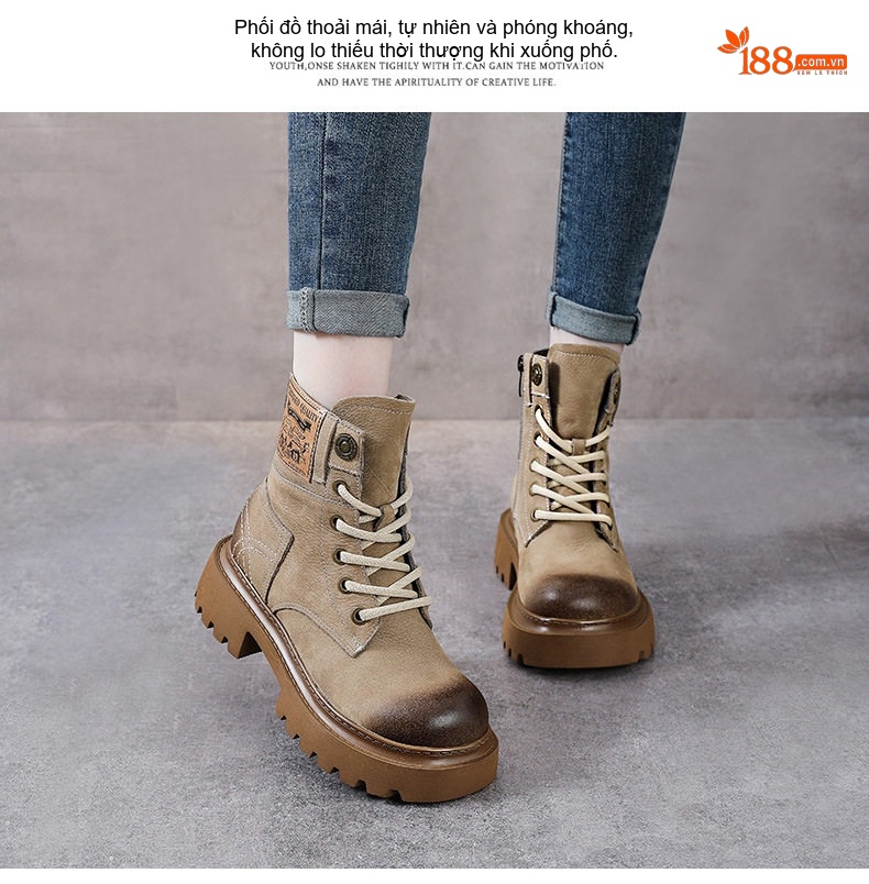 Boot Martin Nữ Da Bò Cổ Cao Đế Dày Phong Cách Retro Chiều Cao Đế Khoảng 5cm Màu Nâu, Đen, Đỏ... chi tiết 12