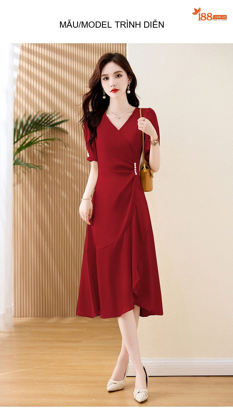 Váy Đầm Nữ Cổ chữ V Wrap Kiểu Dáng Thanh Lịch Màu Trắng, Đỏ, Đen chi tiết 9