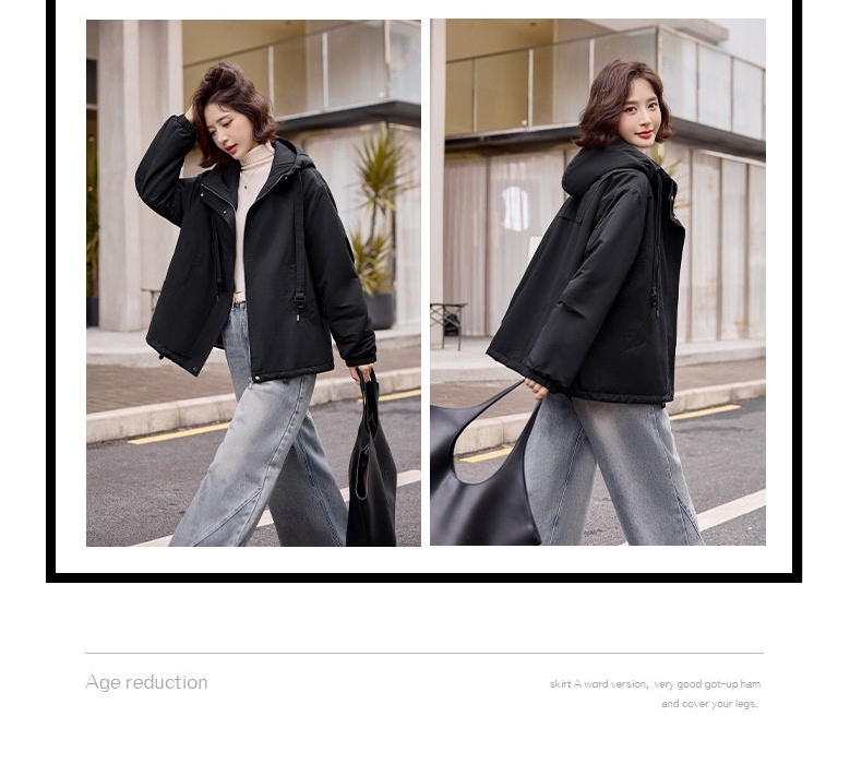 Áo Khoác Parka Nữ Lót Lông Dày Dặn Dáng Ngắn Giữ Ấm Màu Nâu, Đen chi tiết 4