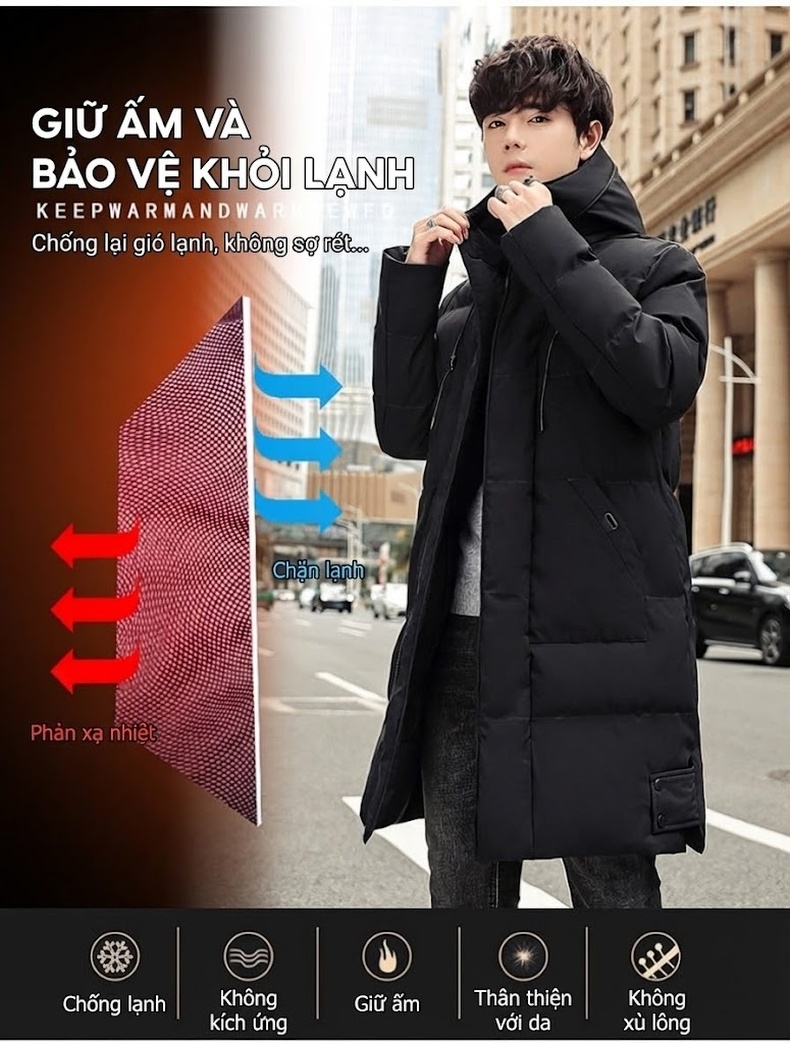 Áo Khoác Phao Nam Dáng Dài Có Mũ Cotton Lót Dày Dặn Màu Đen, Xanh Rêu, Xám chi tiết 3