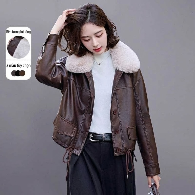 Áo Khoác Da PU Nữ Lót Lông Cổ Lông Dáng Ngắn Màu Đen, Nâu