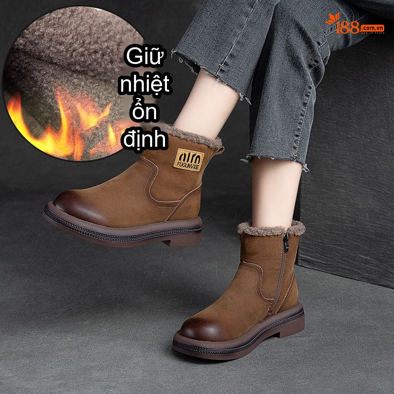 Boot Nữ Ngắn Cổ Lót Lông Giữ Ấm Mùa Đông Chiều Cao Đế Khoảng 3cm Màu Nâu