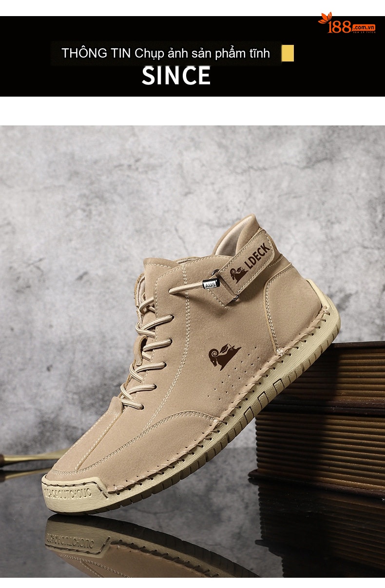 Giày Martin Cổ Cao Nam Khâu Tay Thủ Công Phong Cách Casual Chiều Cao Đế Khoảng 3cm Màu Be, Đen, Xám chi tiết 33