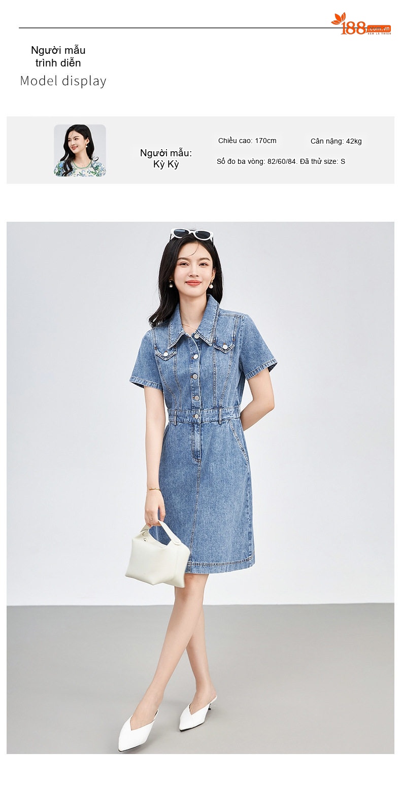 Váy Đầm Jean Nữ dáng chữ A Cổ Bẻ Tay Ngắn Phong Cách Thời Trang Trẻ Trung Màu Xanh Denim chi tiết 10