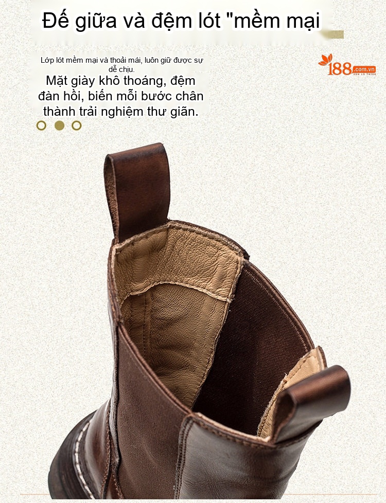Boot Nữ Cổ Lửng Da Bò Đế Dày Phong Cách Retro Chiều Cao Đế Khoảng 5cm Màu Đen, Nâu chi tiết 4