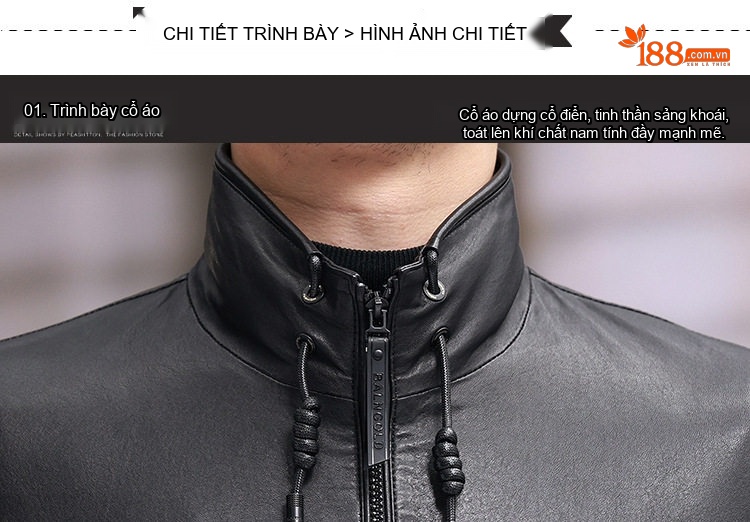 Áo Khoác Da Nam Da Thật Cổ Đứng Lót Lông Vũ Ngắn Màu Đen chi tiết 13